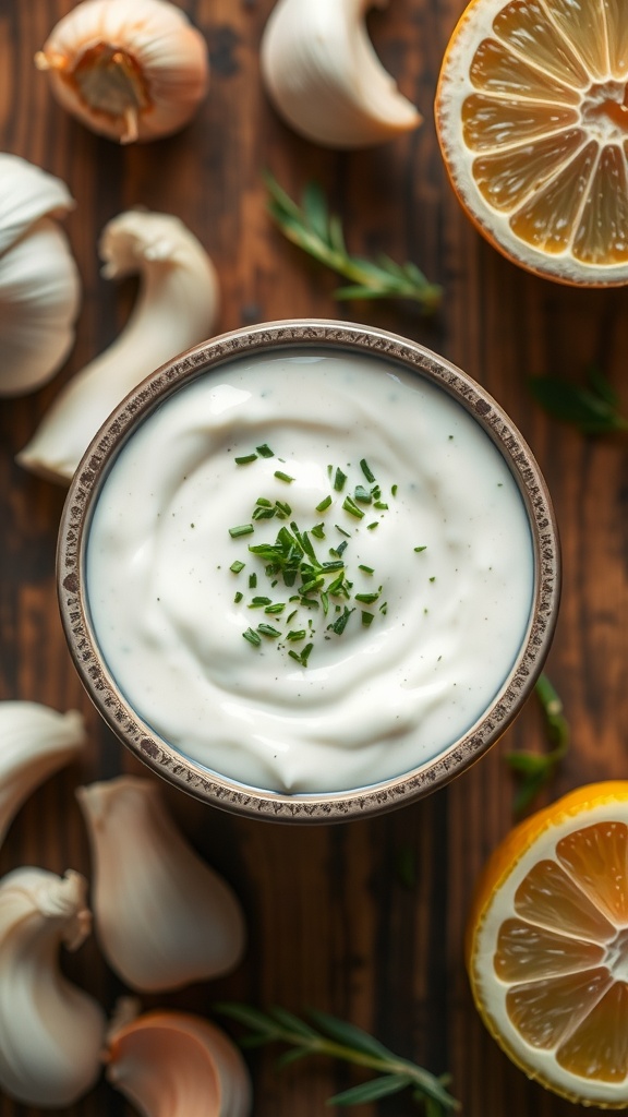 Creamy garlic sauce in a bowl, garnished with herbs, with garlic cloves and lemon in the background.